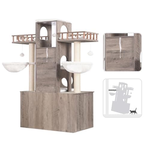 Heybly Cat Tree with Litter Box for Large Cats, Heavy Duty Indoor Cat Condo with Scratching Posts, Rustic Gray HCT110SG