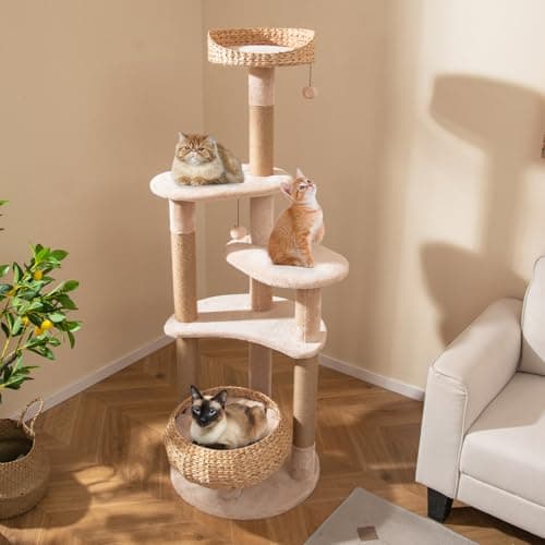 PETSITE 65 inchMulti-Level Cat Tree with Scratching Posts, Cat Bed & Dangling Balls