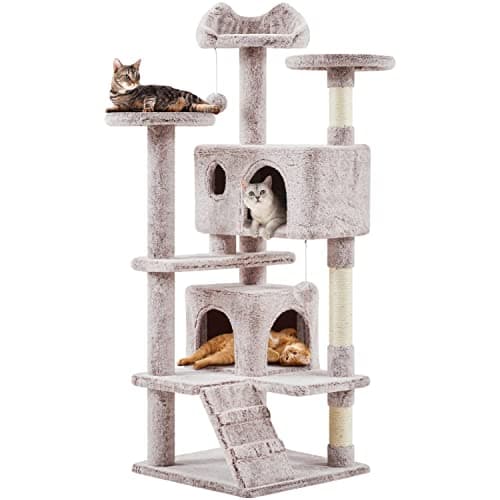54in Multi-Level Cat Tree Tower for Indoor Cats with Scratching Posts and Dangling Balls, Pink — Brown/White