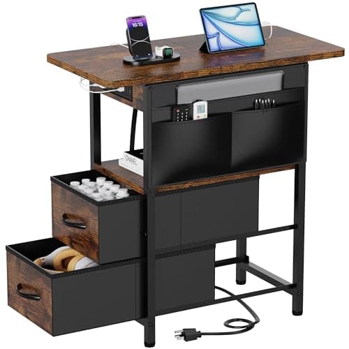 Narrow Side Table with Charging Station for Living Room and Bedroom