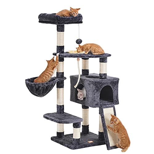 Heybly Multi-Level Cat Tree with Feeding Bowl and Scratching Board for Indoor Cats
