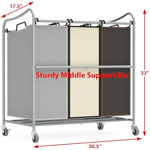 Silver Durable 3-Bag Laundry Sorter Cart – Heavy Duty Rollable Hamper