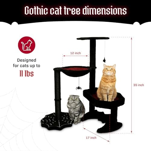 Gothic Cat Tree with Coffin Bed & Toys, 35" Tall Black & Red