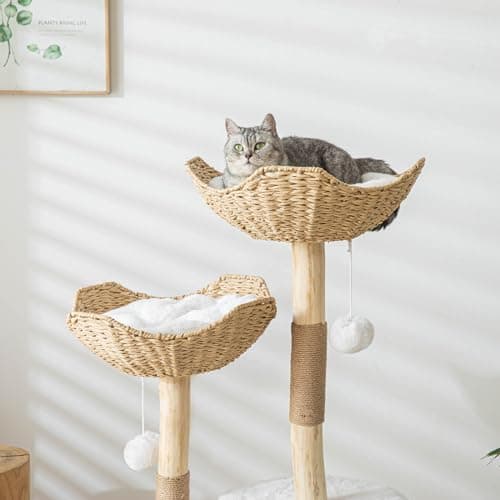 Tall Wooden Cat Tree for Large Cats 46" White with Scratcher.