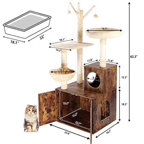 Cat Litter Box Enclosure with Tree Tower Furniture