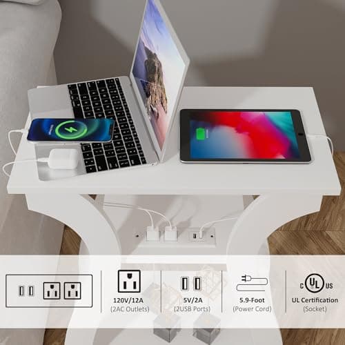 White End Table with Charging Station for Living Room and Bedroom Storage Shelf