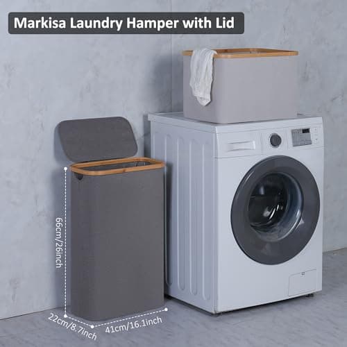 Slim 60L Laundry Hamper with Lid, Bamboo Handle, Grey