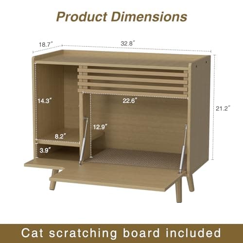Mid-Century Modern Cat Litter Box with Scratch Pad & Flip-Down Opening 32.8" x 18.7" x 29"H Natural