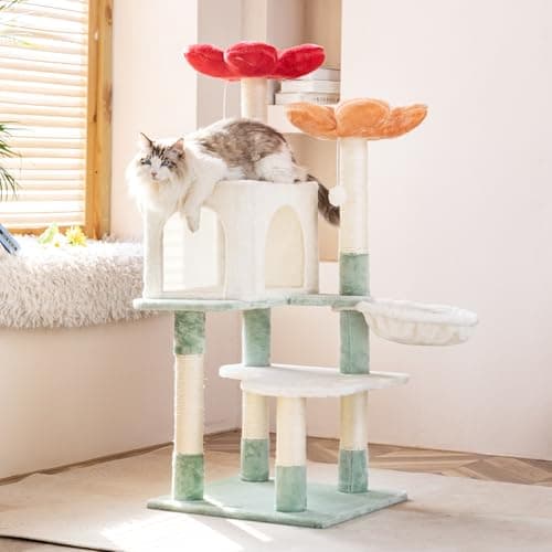 HYABI 48 Inch Modern Cat Tree Tower with Hanging Basket & Flowers