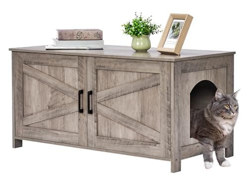 Homedy Black Wooden Cat Washroom with Barn Door, Fit Most Litter Box — Greige