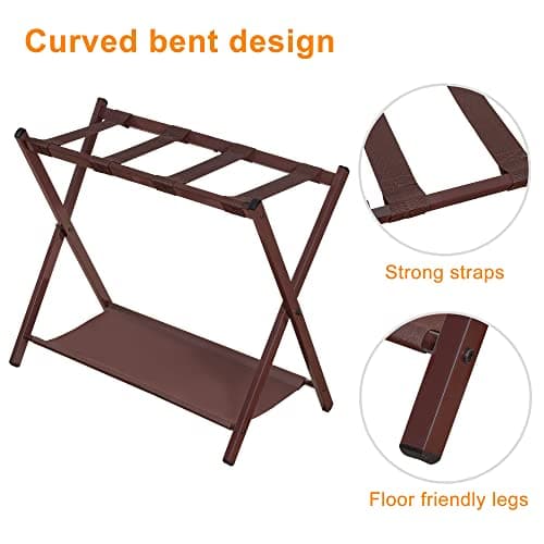 Luggage Rack Set of 2 for Guests, Steel Folding Suitcase Stand with Storage Shelf, Brown