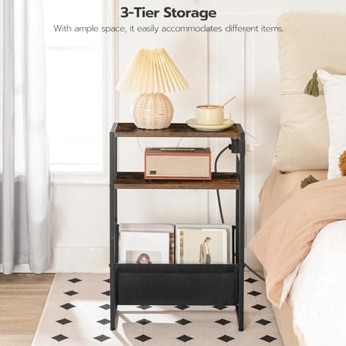 HOOBRO Rustic Brown & Black 3-Tier Charging End Table, BF103UBZ01