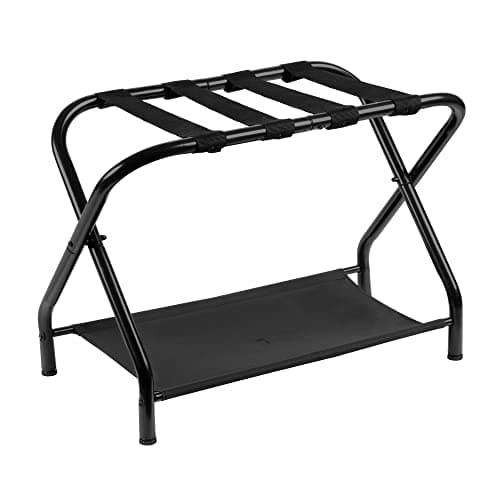 Steel Folding Luggage Rack with Storage Shelf, Black