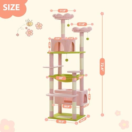 Large Pink Cat Tree with Hammock and Scratching Posts for Indoor Cats
