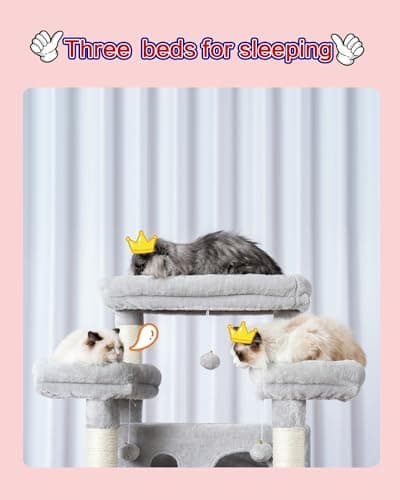 Large Multi-Level Cat Tree for Indoor Cats with 3 Platforms and 2 Condos in Light Gray