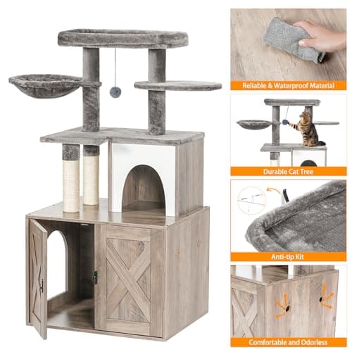 Snughome Cat Litter Box Enclosure with Cat Tree Tower, Condo, and Scratching Post