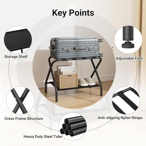 Dunatou Black Folding Luggage Rack, Set of 2, Sturdy with Storage Shelf, Hold Up to 200 lb
