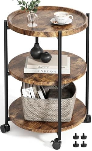 Modern 3-Tier Side Table with Wheels, Black, for Living Room or Bedroom — Rust Brown