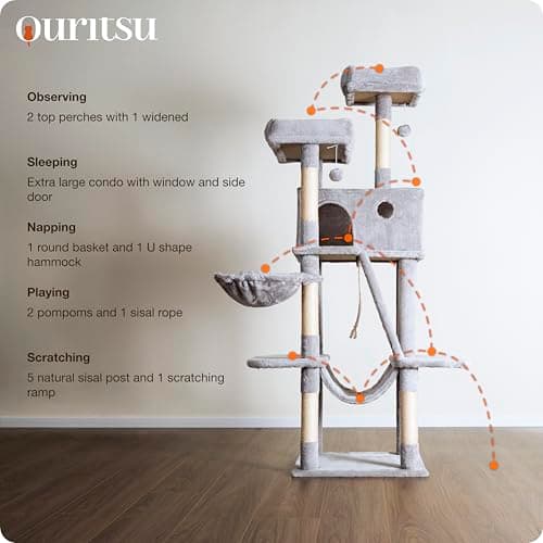 OURITSU 61-inch Tall Cat Tree with Hammock & Scratching Post, Light Gray