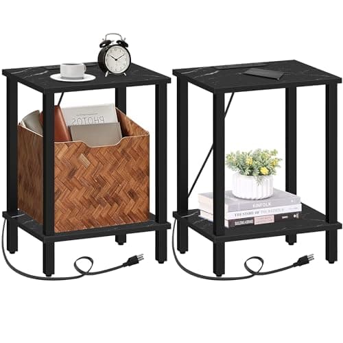 TUTOTAK End Table with Charging Station, 2-Tier Storage, USB Ports TB01BB040 — Marble Black