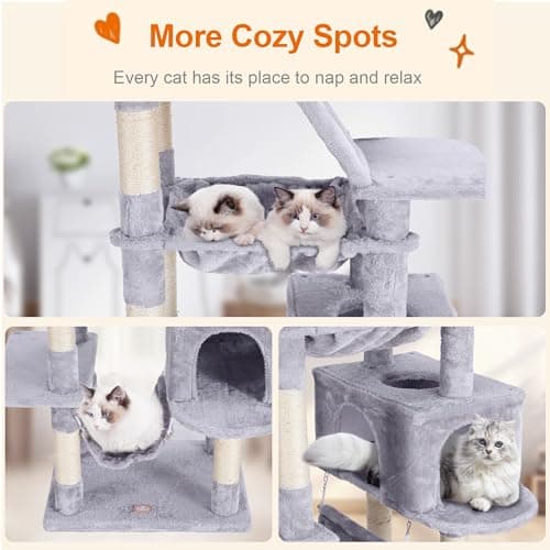 Heybly 73-Inch Cat Tree for Large Cats - Heavy Duty Indoor Condo with Plush Perch, Cozy Basket, and Scratching Posts in Light Gray