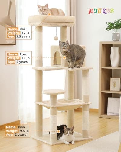 Beige Metal Plush Cat Tree for Large Cats with Hammock & 6-Tier Shelves