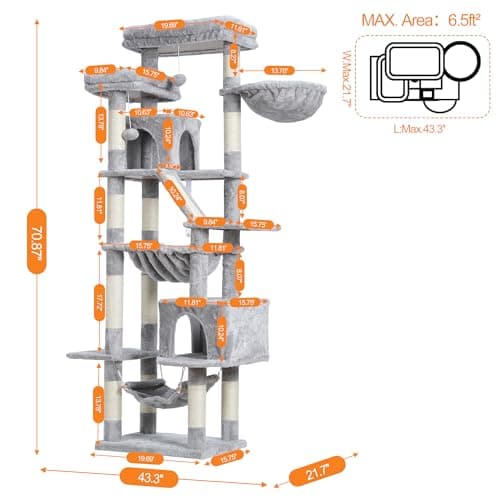 Heybly 71-Inch Tall Cat Tree for Indoor Cats - Light Gray with Perches, Condos, Hammocks, and Scratching Pad