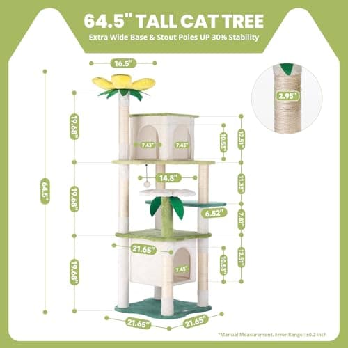 HYABI 64.5-Inch Tall Avocado Flower Cat Tree Tower with Scratching Posts & Plush Ball
