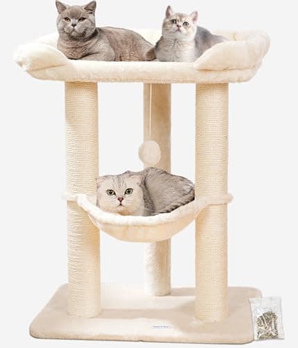 Happi N Pets 28" Tall Cat Tree Tower for Maine Coon, Sisal Scratcher & Soft Perch-Gray — Beige
