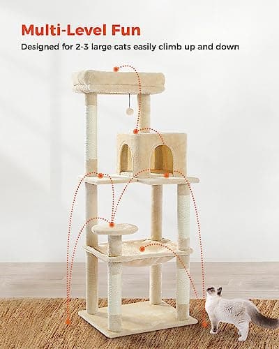 PETEPELA 56.3" Multi-Level Cat Tree with Scratch Posts, Condos, Hammock & Plush Perches Beige