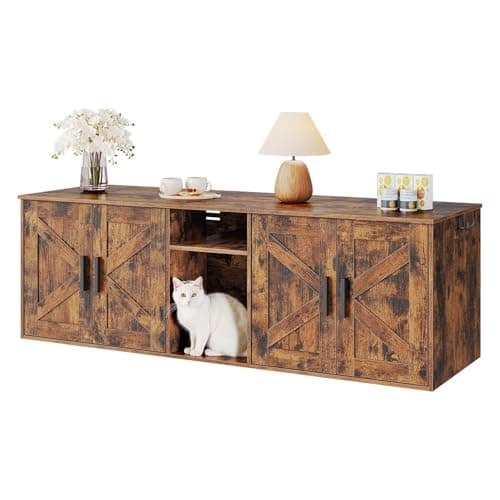 HOOBRO 58.3" Cats' Enclosure with Corridor & Double Litter Boxes, White — Rustic Brown