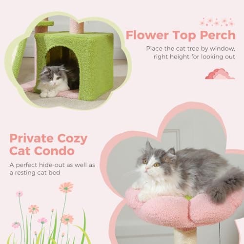 32 PETEPELA Pink Cat Tree for Indoor Cats with Scratching Ramp, Hammock, and Flower Bed Perch