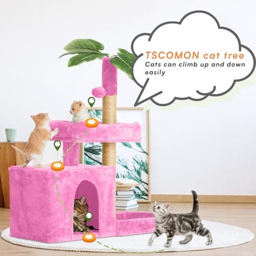 31.5" Pink Cat Tree with Leaf Design & Scratching Posts
