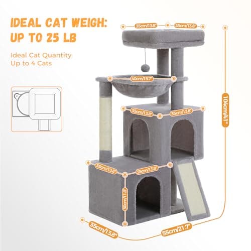PAWZ Road Large Cat Tree with 41-Inch Multi-Level Tower & 2 Spacious Condos-Gray