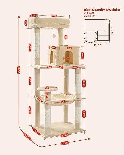 PETEPELA 56.3" Multi-Level Cat Tree with Scratch Posts, Condos, Hammock & Plush Perches Beige