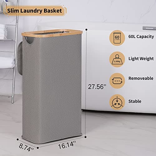 Narrow Laundry Basket with Lid, 60L Grey, Foldable Bamboo Handles, Slim Laundry Hamper