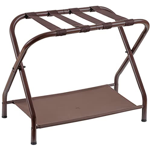 Steel Folding Luggage Rack with Storage Shelf, Black — Brown