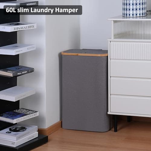 Slim 60L Laundry Hamper with Lid, Bamboo Handle, Grey