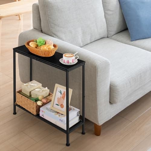 OYEAL Black Narrow Side Table with Cup Holder and Storage Shelf