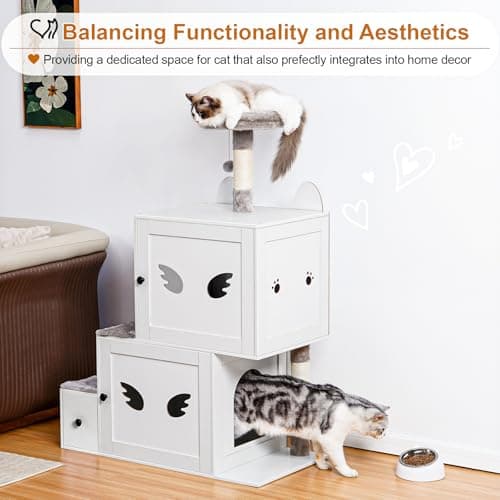 Snughome White 3-in-1 Wooden Cat Tower with Hidden Litter Box-Stairs