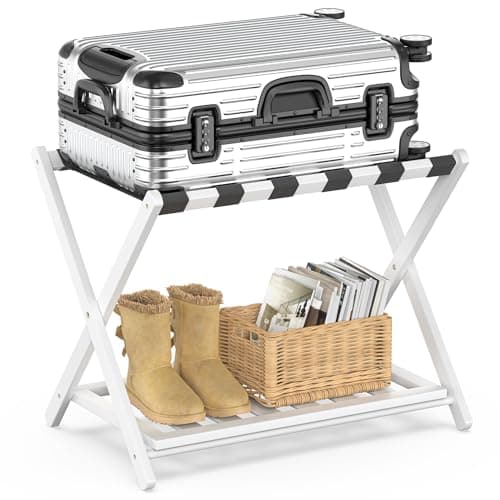 Bamboo Suitcase Stand with Storage for Guest Room, Brown — White