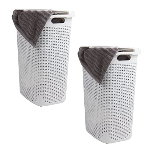 60L Slim Laundry Hamper with Lid, Set of 2, Ivory — White