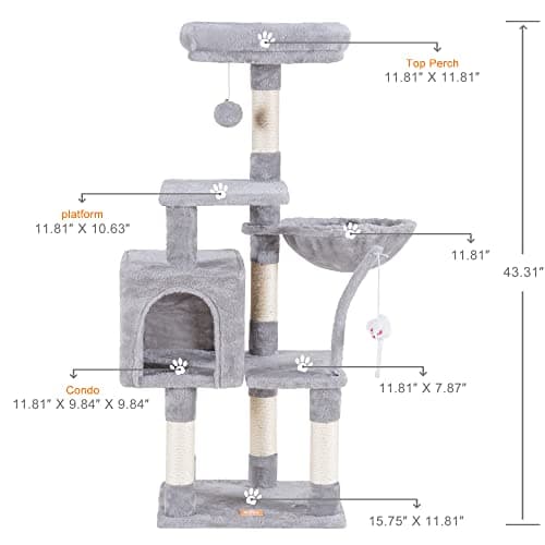 Heybly Cat Tree with Leaves Perches, Basket, Feeding Bowl