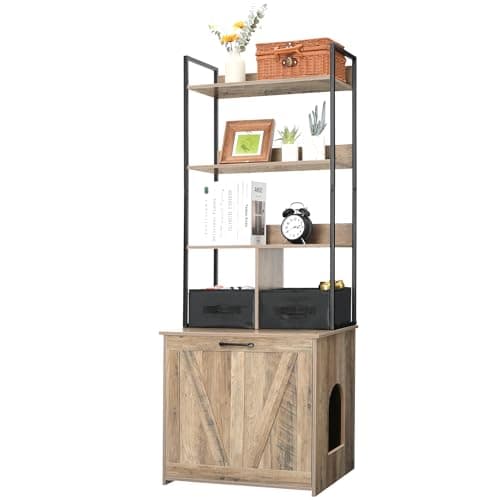 Dwanton Rustic Brown Cat Litter Box with 3 Shelves & 2 Drawers — Greige