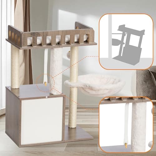 Heybly Modern Wooden Cat Tree with 3 Scratching Posts & Rustic Gray Condo HCT007SSG