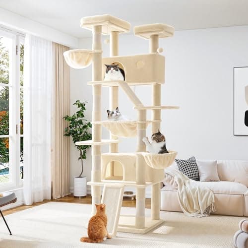 Allewie 81" Tall Multi-Level Cat Tree with Condo, Hammock & Scratching Post, Grey — Beige