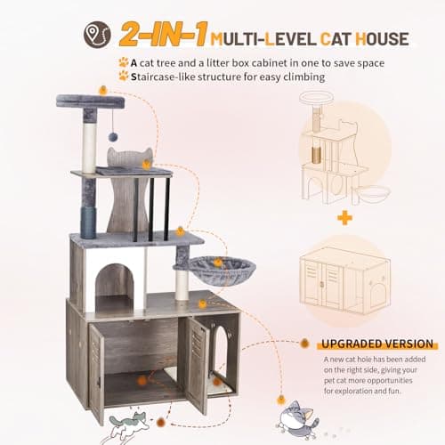 Modern 2-in-1 Cat Tree with Litter Box Enclosure for Indoor Cats, 58.66’’ Wood Condo with Scratching Post and Hammock, Grey