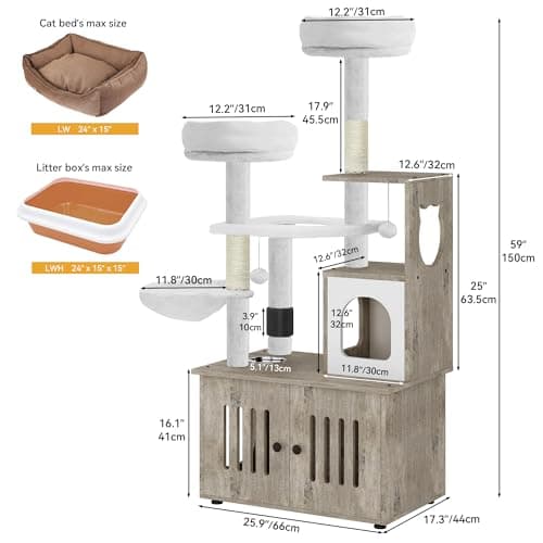 YITAHOME 2-in-1 Cat Tree and Litter Box Enclosure - Modern Indoor Cat Tower with Wood House, Perch, and Hammocks, 59 Inch, Gray