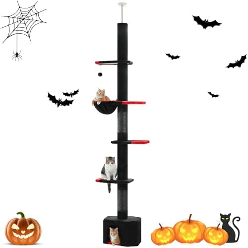 PAWZ Road Cat Tree: Cactus Climbing Tower, 95-108 Inches, 5 Levels, Hammock & Balls — Black