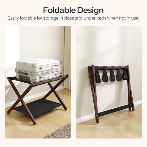 Bamboo HOOBRO Luggage Rack, Folding Holder with Straps, Brown & Black BR17XL01